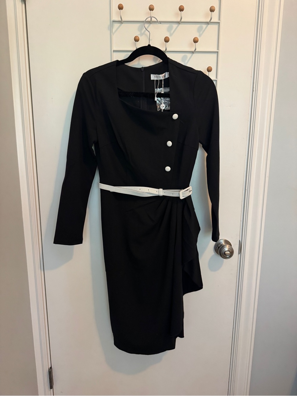Black Long-Sleeve Belted Asymmetric Dress with Accent Buttons
